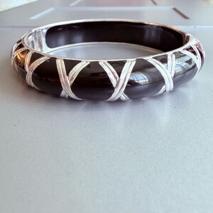 Angelique de Paris Black & 925 Sterling Silver "X" Hinged Bangle 13mm Bracelet